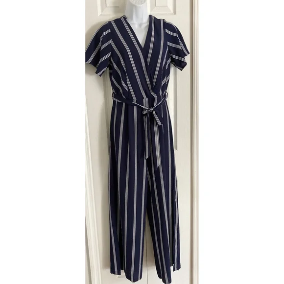 Monteau Los Angeles Sz M Blue White Stripe Casual/Lounge Jumpsuit Slit Wide Leg - Picture 7 of 10